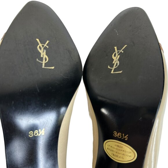 Saint Laurent Pump Shoes Size US 7 Beige Brown Patent Leather Heel Block Bow - Picture 10 of 15